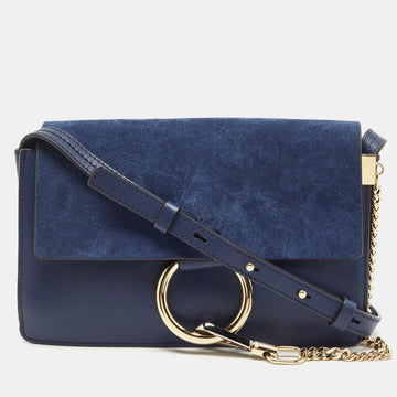 CHLOE Navy Blue Leather and Suede Small Faye Shoulder Bag