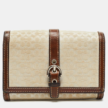 COACH Brown Signature Canvas and Leather Buckle Flap Wallet