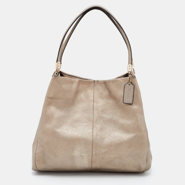 COACH Metallic Beige Pebbled Leather Edie 31 Shoulder Bag