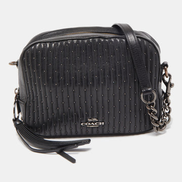 COACH Black Quilted Leather Studded Camera Crossbody Bag