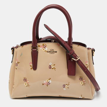 COACH Burgundy/Cream Floral Print Patent and Leather Mini Sage Carryall Satchel