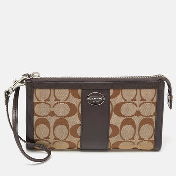 COACH Brown/Beige Signature Canvas and Leather Zip Wristlet Pouch