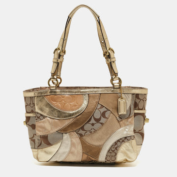 COACH Gold/Beige Signature Canvas, Leather and Suede Patchwork Tote
