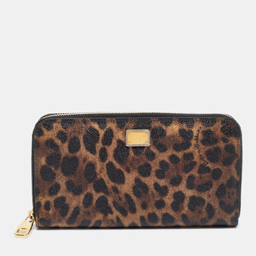Dolce & Gabbana Beige/Brown Leopard Print Coated Canvas Zip Around Wallet
