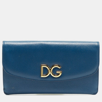 DOLCE & GABBANA Blue Grained Leather DG Logo Flap Chain Clutch