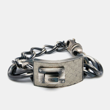 DIOR Aged Silver Tone Leather Plaque Chunky Chain Link Bracelet