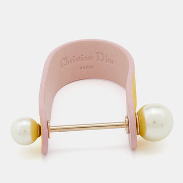 DIOR Yellow Leather & Faux Pearl Perle Cuff Bracelet M
