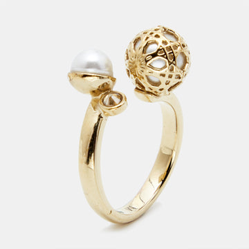 DIOR Secret Cannage Faux Pearl Crystal Gold Tone Open Ring Size 53