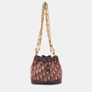 DIOR Burgundy Oblique Canvas and Leather Drawstring Chain Bucket Bag