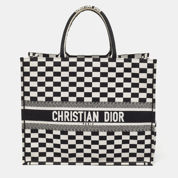 DIOR Black/White Checkered Embroidered Canvas Large Book Tote