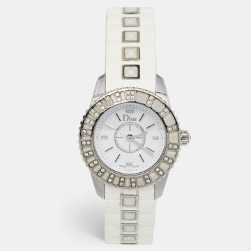 DIOR White Stainless Steel Rubber Diamonds Christal CD112113R001 Women's Wristwatch 28 mm