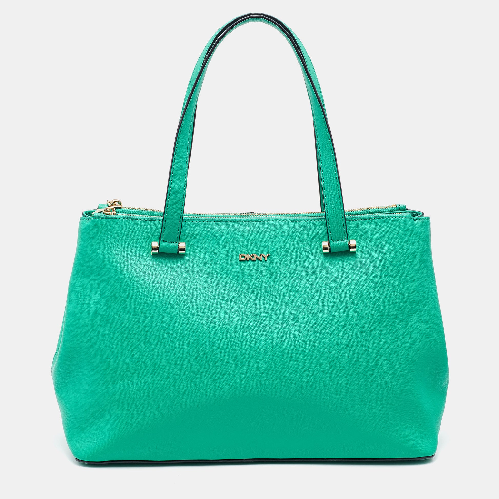 DKNY Green Saffiano Leather Double Zip Tote