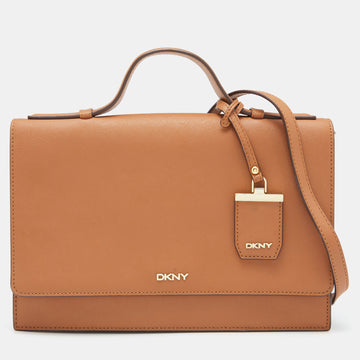 DKNY Brown Saffiano Leather Logo Flap Top Handle Bag