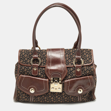 DKNY Brown/Black Signature Canvas and Leather Front Pocket Tote