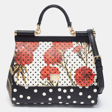 Dolce & Gabbana Black/Multicolor Polka Dots Floral Leather Medium Miss Sicily Top Handle Bag