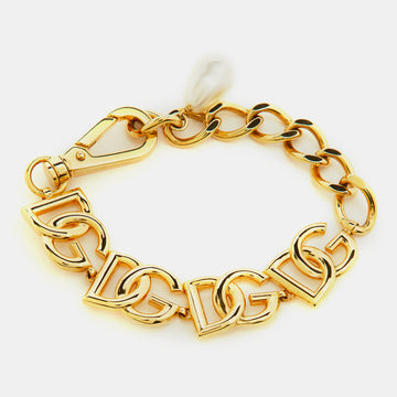 DOLCE & GABBANA DG Motif Faux Pearl Gold Tone Chain Link Bracelet