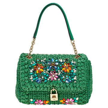 Dolce & Gabbana Green Straw Crystal Embellished Miss Bonita Shoulder Bag