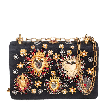 Dolce & Gabbana Black Brocade Fabric & Leather Heart Embellished Shoulder Bag