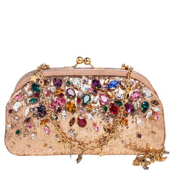 Dolce & Gabbana Rose Gold Sequin and Leather Crystal Embellished Clutch