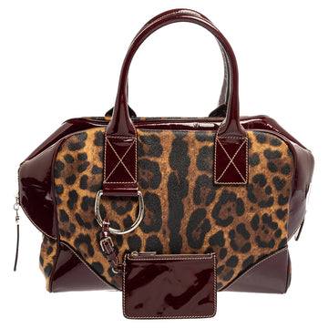 Dolce & Gabbana Burgundy/Brown Leopard Print Coated Canvas and Patent Leather Miss Ice Satchel