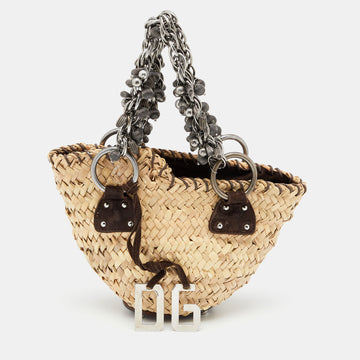 Dolce & Gabbana Beige/Brown Straw And Suede Metal Charm Handle Tote