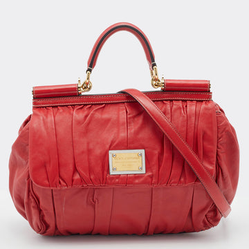 Dolce & Gabbana Red Pleated Leather Large Miss Sicily Top Handle Bag