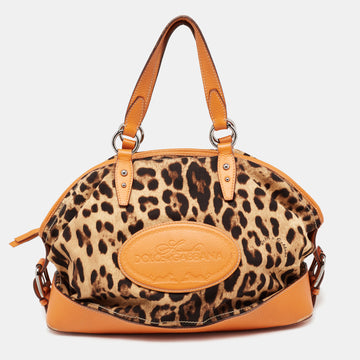 Dolce & Gabbana Orange/Brown Leopard Print Fabric and Leather  Animalier Satchel