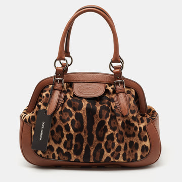 Dolce and Gabbana Brown Leopard Print Canvas and Leather Frame Satchel