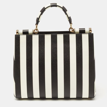 Dolce & Gabanna Black/White Striped Dauphine Leather Sicily Top Handle Bag