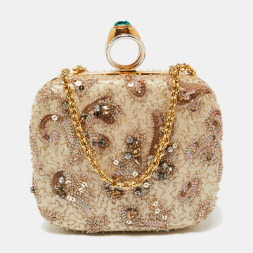 Dolce & Gabbana Beige Satin and Sequins Crystal Embellished Ring Frame Chain Clutch