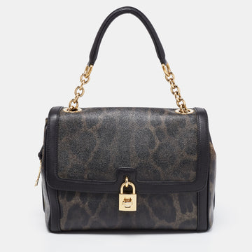 Dolce & Gabbana Black Leopard Print Coated Canvas and Leather Padlock Top Handle Bag