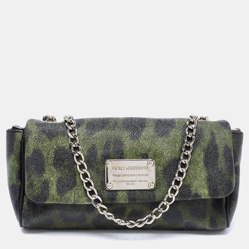 Dolce & Gabbana Green Leopard Print Coated Canvas and Leather Flap Chain Shoulder Bag