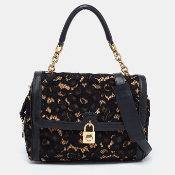 Dolce & Gabbana Black/Beige Lace and Leather Miss Dolce Top Handle Bag