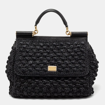 Dolce & Gabbana Black Woven Raffia and Leather Large Miss Sicily Top Handle Bag