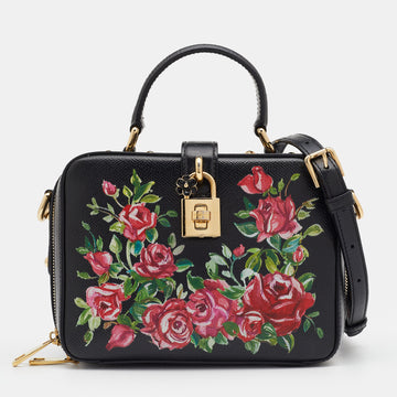 Dolce & Gabbana Black Printed Rose Leather Box Top Handle Bag