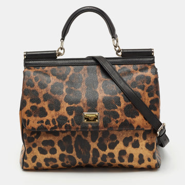 Dolce & Gabbana Black Leopard Print Coated Canvas And Leather Large Miss Sicily Top Handle Bag