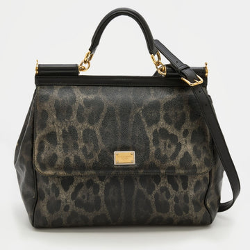 Dolce & Gabbana Grey/Black Leopard Print Coated Canvas And Leather Large Miss Sicily Top Handle Bag