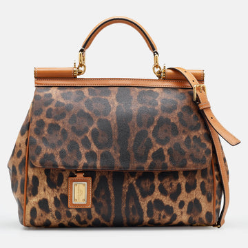 Dolce & Gabbana Brown Leopard Coated Canvas and Leather Large Miss Sicily Top Handle Bag