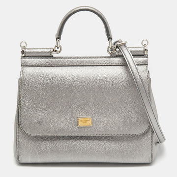 Dolce & Gabbana Metallic Silver Leather Medium Miss Sicily Top Handle Bag