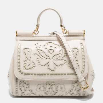 Dolce & Gabbana Off White Floral Cut Out Leather Medium Miss Sicily Top Handle Bag