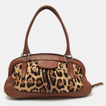 Dolce & Gabbana Brown Leopard Print Canvas and Leather Animalier Zip satchel