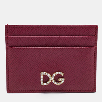 Dolce & Gabbana Burgundy Leather Crystal Embellished Logo Card Holder