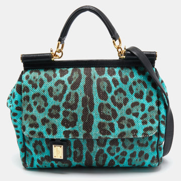 Dolce & Gabbana Blue/Brown Leopard Print Raffia Large Miss Sicily Top Handle Bag