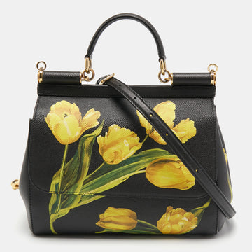 Dolce & Gabbana Black/Yellow Floral Print Leather Medium Miss Sicily Top Handle Bag