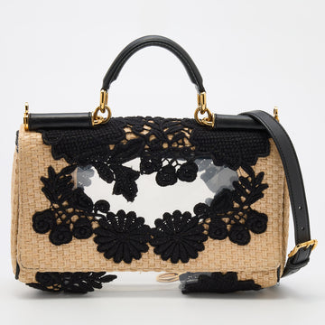 Dolce & Gabbana Beige/Black Raffia and PVC Miss Sicily East West Embroidered Top Handle Bag