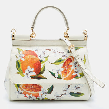 Dolce & Gabbana Off White Orange Printed Leather Small Miss Sicily Top Handle Bag