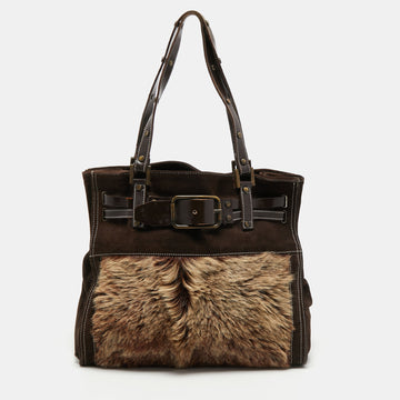 Dolce & Gabbana Brown/Beige Logo Embossed Suede and Calf Hair Tote