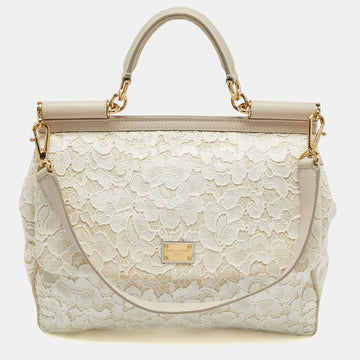 Dolce & Gabbana White/Beige Lace Miss Sicily Top Handle Bag
