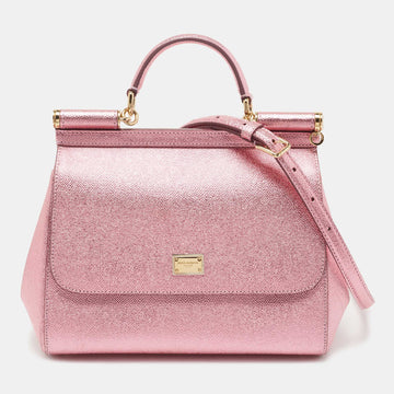 Dolce & Gabbana Metallic Pink Leather Medium Miss Sicily Top Handle Bag
