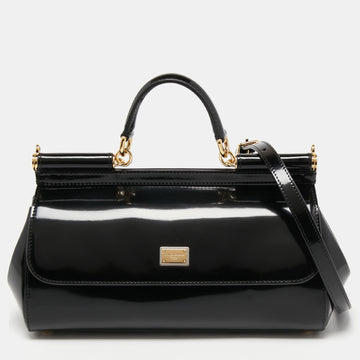 Dolce & Gabbana Black Patent Leather Long Medium Miss Sicily Top Handle Bag